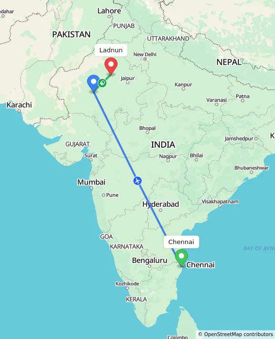 Route map showing distance and travel time from Chennai, India to Ladnun, India