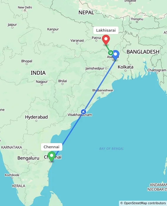 Route map showing distance and travel time from Chennai, India to Lakhisarai, India