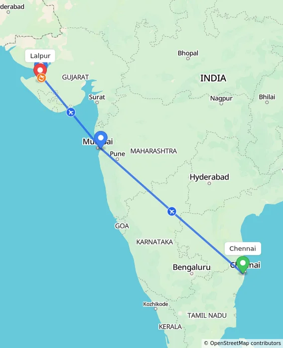 Route map showing distance and travel time from Chennai, India to Lalpur, India