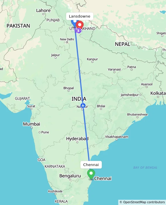 Route map showing distance and travel time from Chennai, India to Lansdowne, India