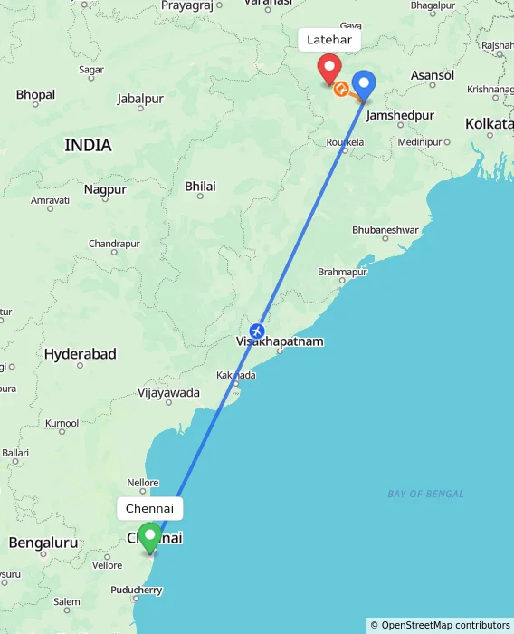 Route map showing distance and travel time from Chennai, India to Latehar, India