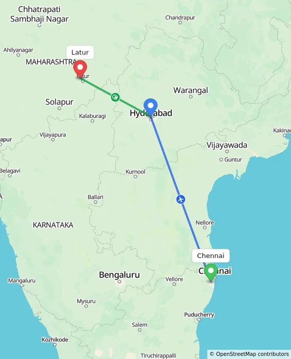 Route map showing distance and travel time from Chennai, India to Latur, India