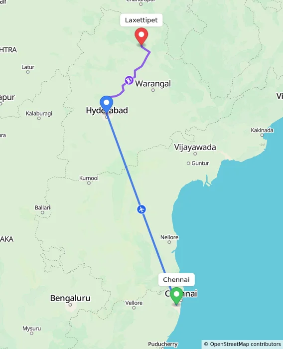 Route map showing distance and travel time from Chennai, India to Laxettipet, India