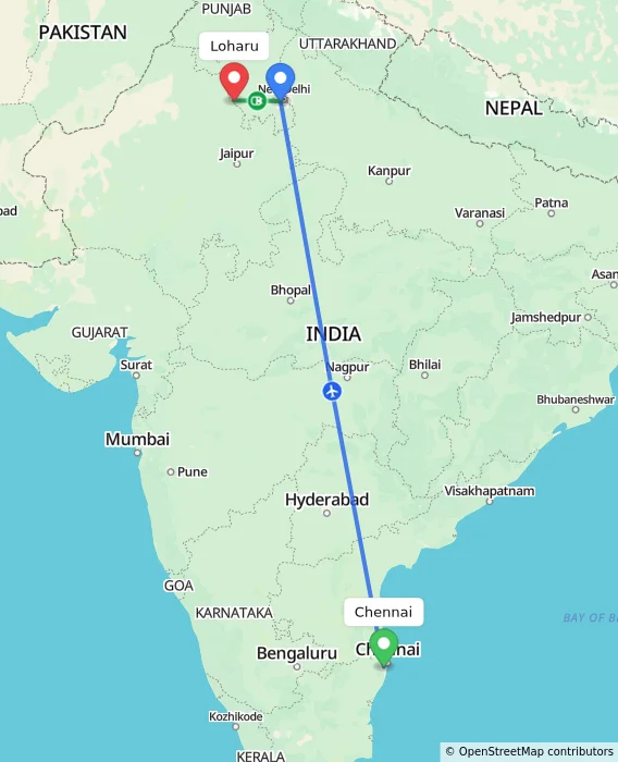 Route map showing distance and travel time from Chennai, India to Loharu, India
