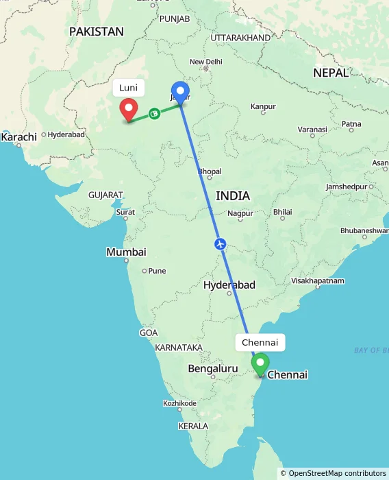 Route map showing distance and travel time from Chennai, India to Luni, India