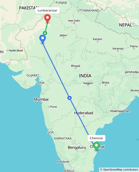 Route map showing distance and travel time from Chennai, India to Lunkaransar, India
