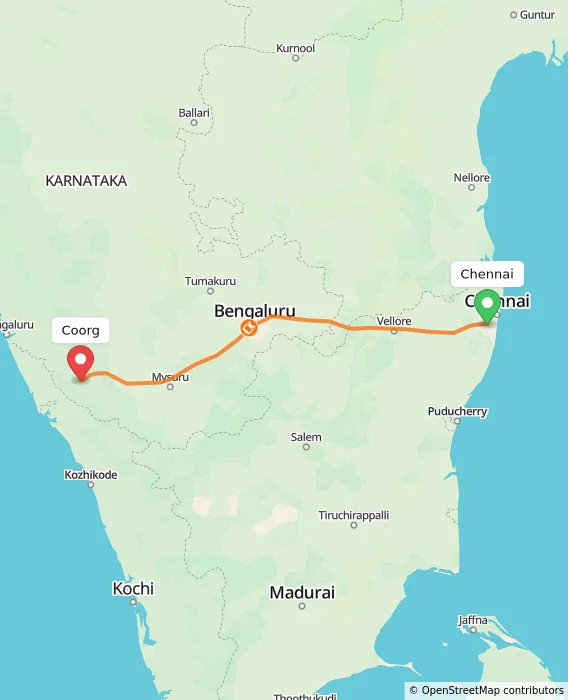 Route map showing distance and travel time from Chennai, India to Madikeri, India