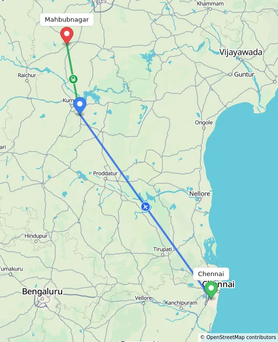 Route map showing distance and travel time from Chennai, India to Mahbubnagar, India
