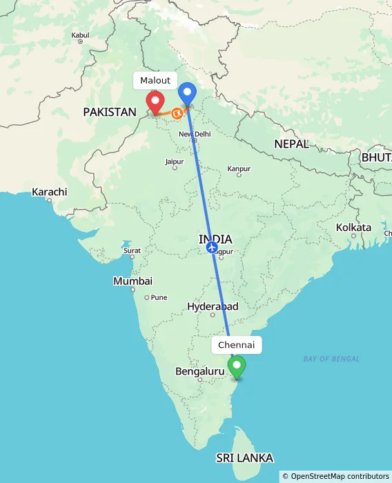 Route map showing distance and travel time from Chennai, India to Malout, India