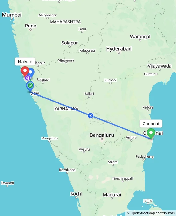 Route map showing distance and travel time from Chennai, India to Malvan, India