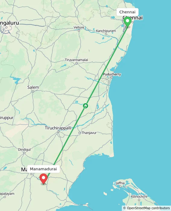 Route map showing distance and travel time from Chennai, India to Manamadurai, India