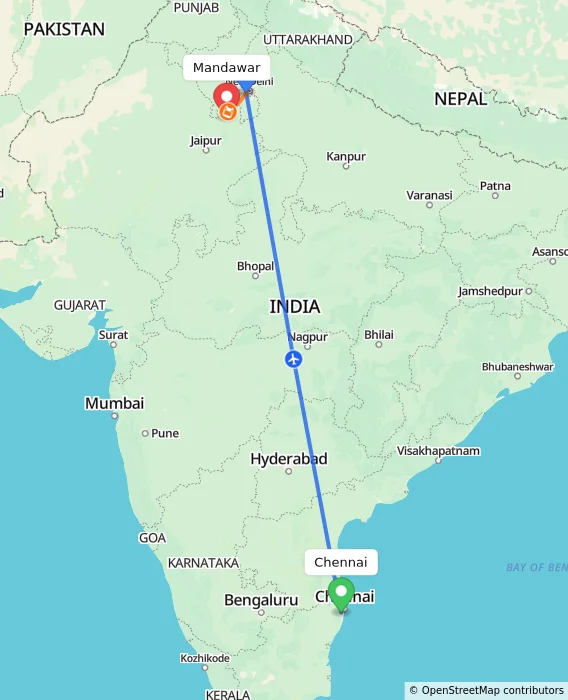 Route map showing distance and travel time from Chennai, India to Mandawar, India