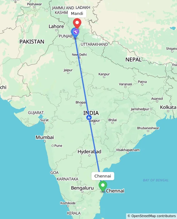 Route map showing distance and travel time from Chennai, India to Mandi, India