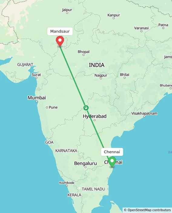 Route map showing distance and travel time from Chennai, India to Mandsaur, India