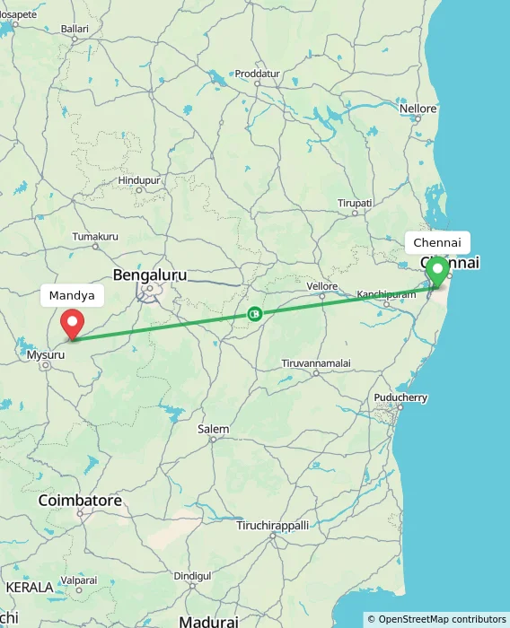 Route map showing distance and travel time from Chennai, India to Mandya, India