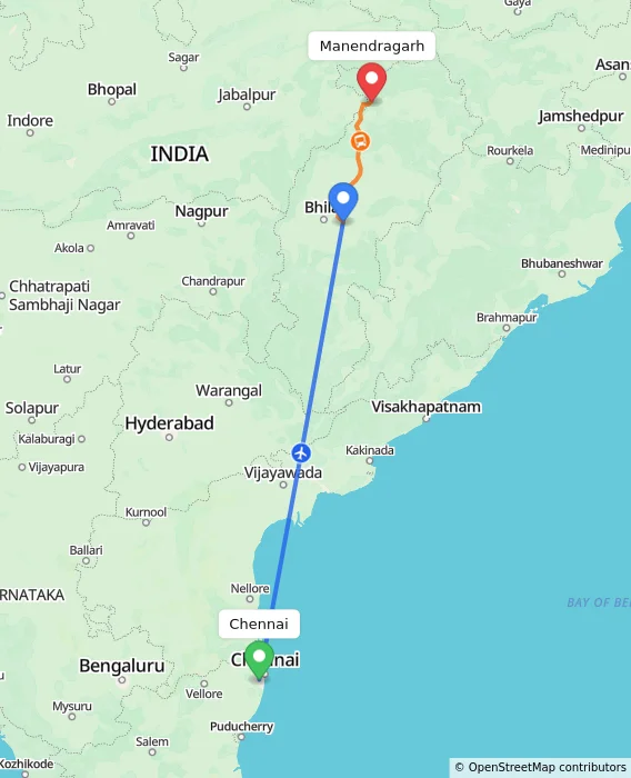 Route map showing distance and travel time from Chennai, India to Manendragarh, India