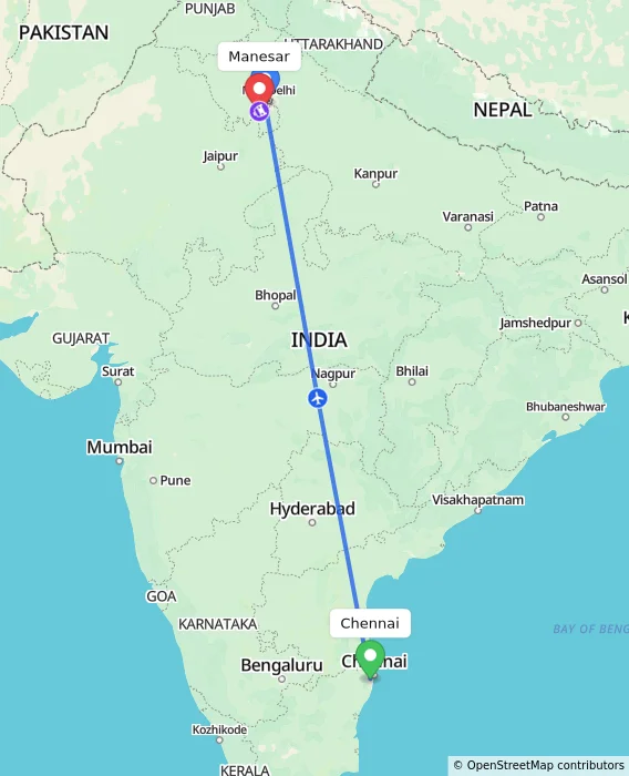 Route map showing distance and travel time from Chennai, India to Manesar, India