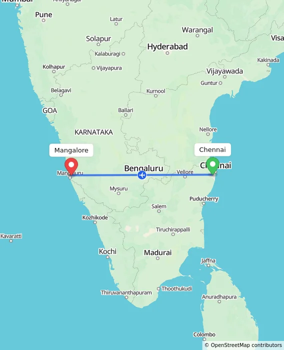 Route map showing distance and travel time from Chennai, India to Mangalore, India