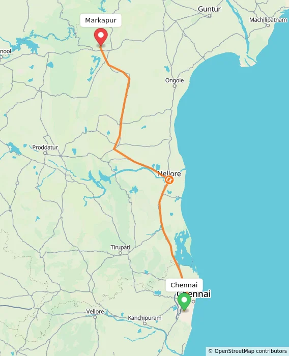 Route map showing distance and travel time from Chennai, India to Markapur, India