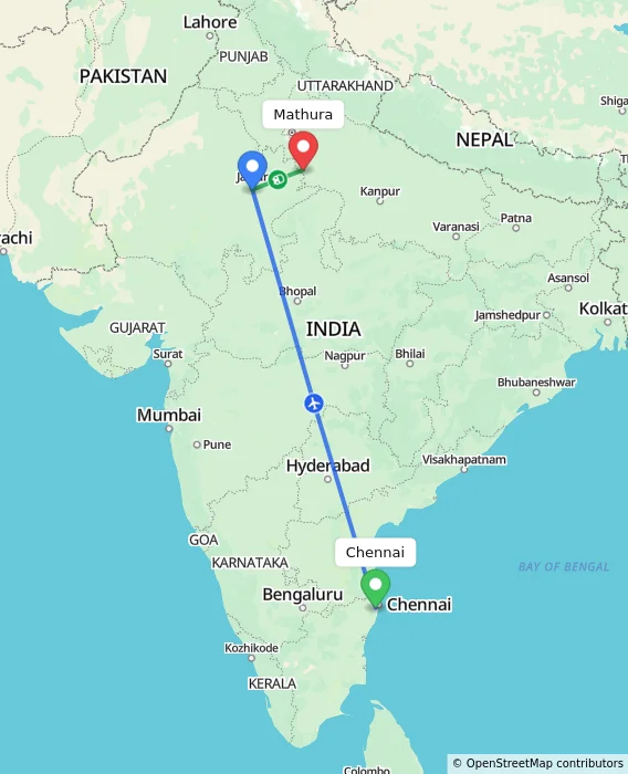Route map showing distance and travel time from Chennai, India to Mathura, India