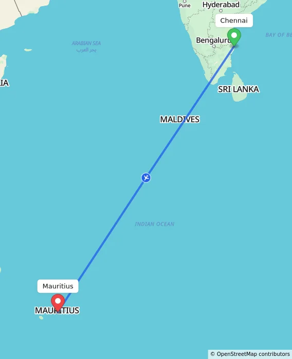Route map showing distance and travel time from Chennai, India to Mauritius, Mauritius