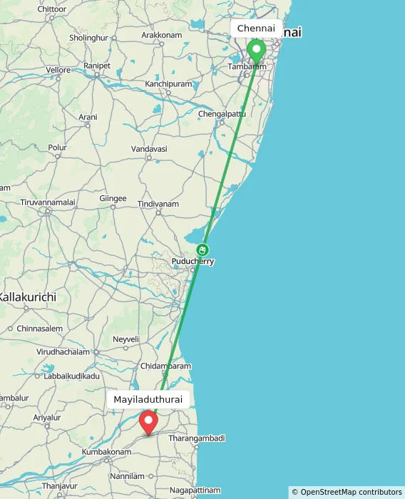 Route map showing distance and travel time from Chennai, India to Mayiladuthurai, India