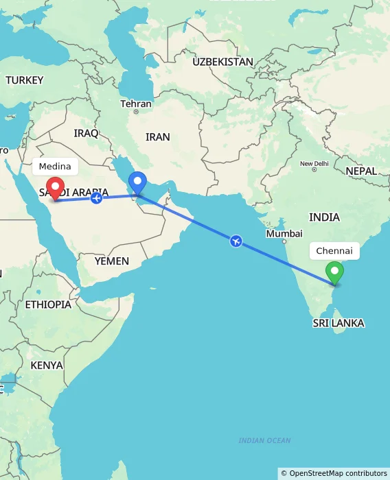 Route map showing distance and travel time from Chennai, India to Medina, Saudi Arabia