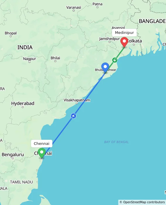 Route map showing distance and travel time from Chennai, India to Medinipur, India
