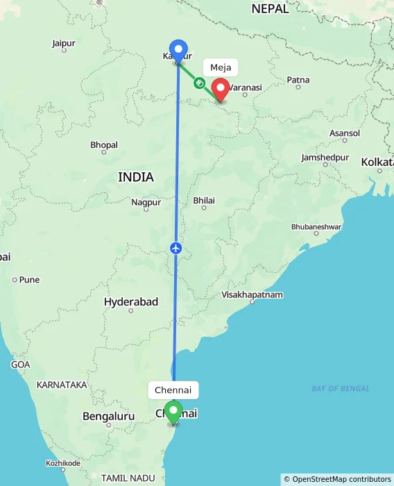 Route map showing distance and travel time from Chennai, India to Meja, India