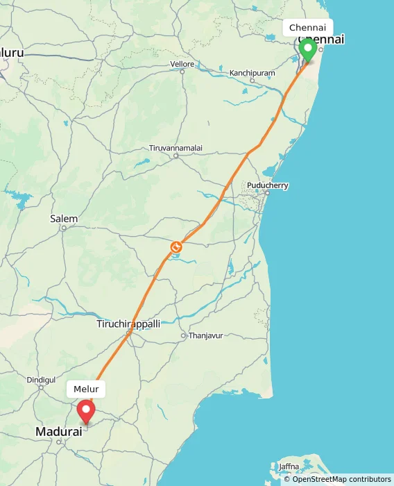 Route map showing distance and travel time from Chennai, India to Melur, India
