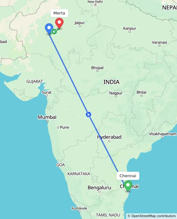 Route map showing distance and travel time from Chennai, India to Merta, India