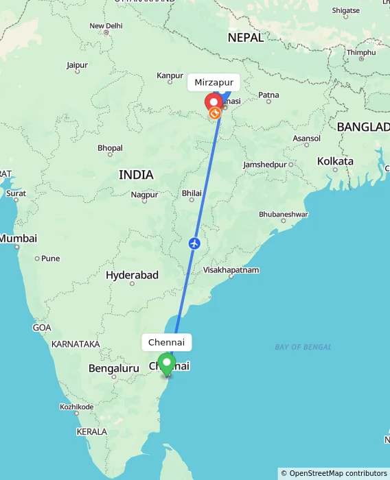 Route map showing distance and travel time from Chennai, India to Mirzapur, India