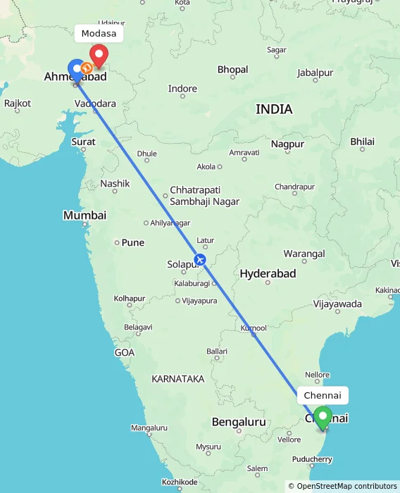 Route map showing distance and travel time from Chennai, India to Modasa, India