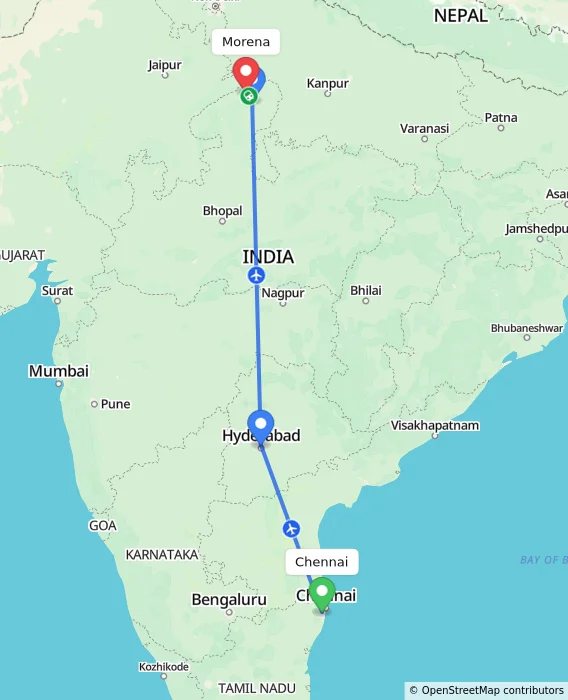 Route map showing distance and travel time from Chennai, India to Morena, India
