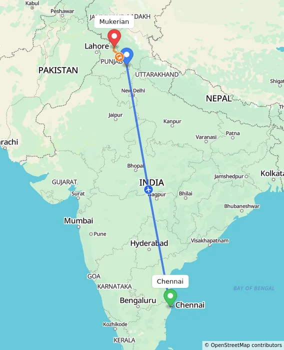 Route map showing distance and travel time from Chennai, India to Mukerian, India
