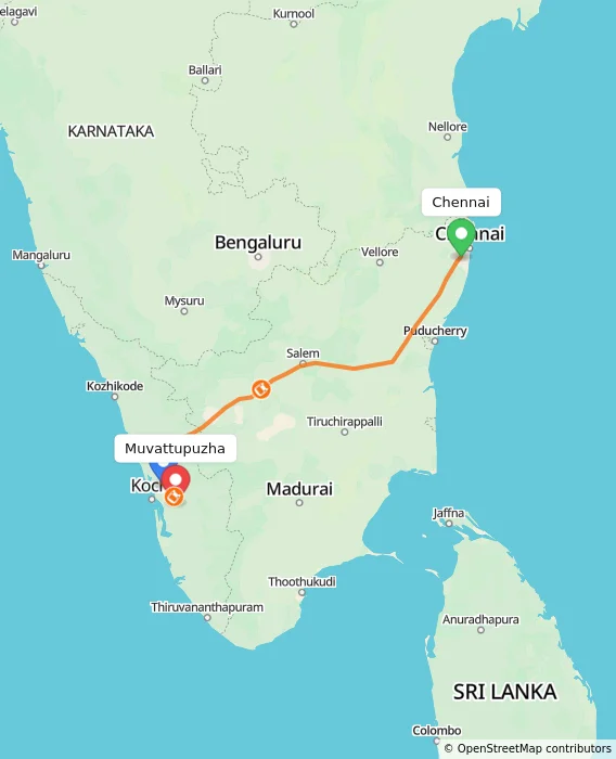 Route map showing distance and travel time from Chennai, India to Muvattupuzha, India