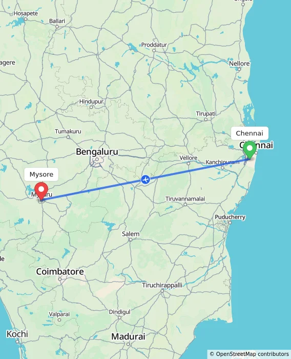 Route map showing distance and travel time from Chennai, India to Mysore, India