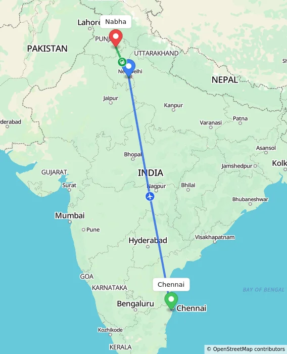Route map showing distance and travel time from Chennai, India to Nabha, India
