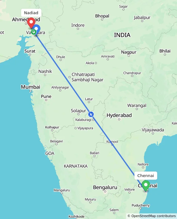 Route map showing distance and travel time from Chennai, India to Nadiad, India
