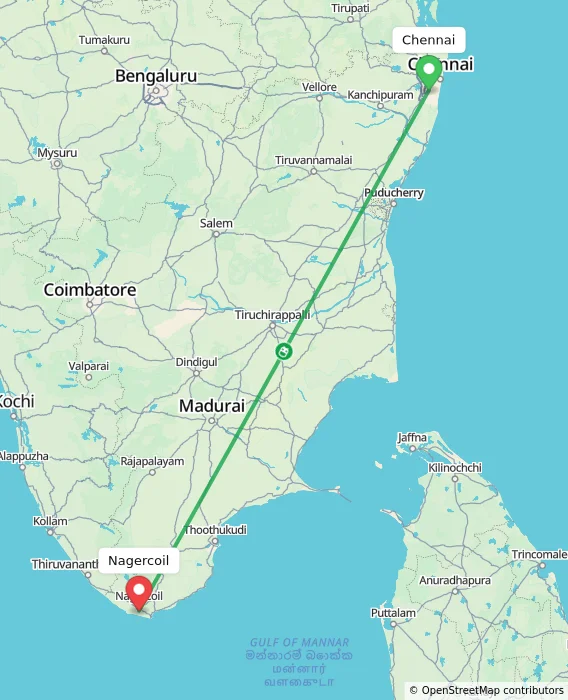 Route map showing distance and travel time from Chennai, India to Nagercoil, India