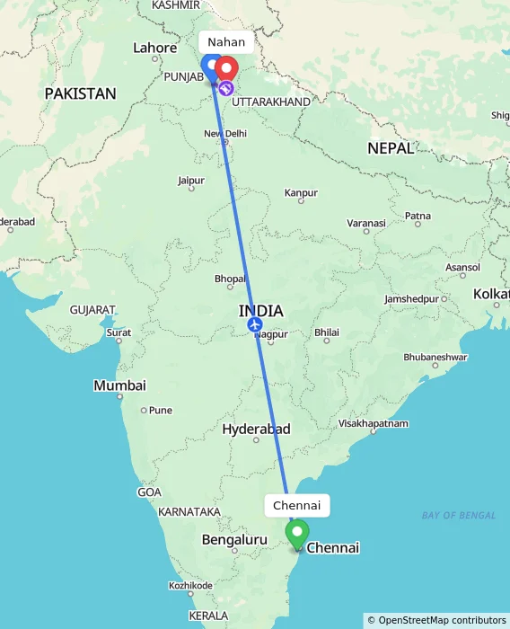 Route map showing distance and travel time from Chennai, India to Nahan, India