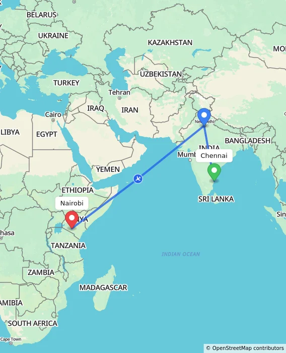 Route map showing distance and travel time from Chennai, India to Nairobi, Kenya
