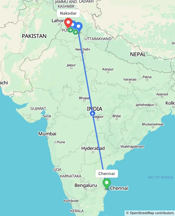 Route map showing distance and travel time from Chennai, India to Nakodar, India
