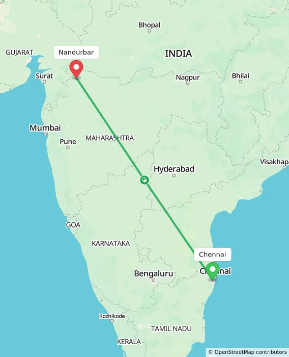 Route map showing distance and travel time from Chennai, India to Nandurbar, India