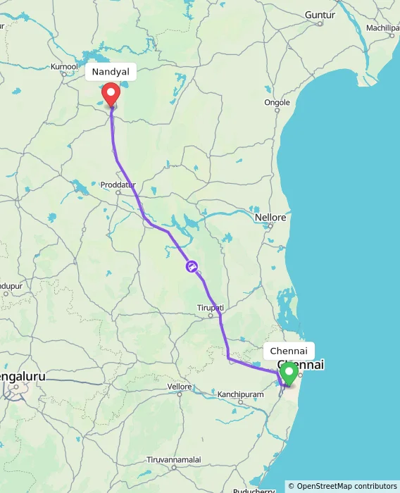 Route map showing distance and travel time from Chennai, India to Nandyal, India