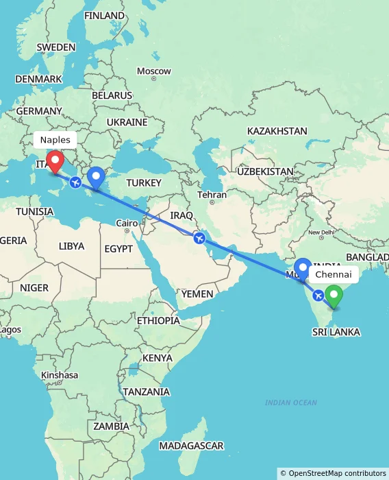 Route map showing distance and travel time from Chennai, India to Naples, Italy