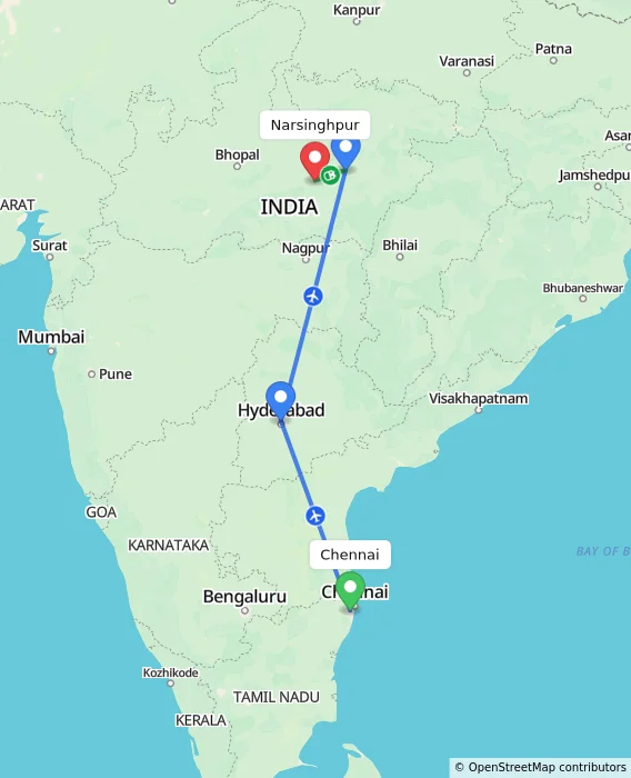 Route map showing distance and travel time from Chennai, India to Narsinghpur, India