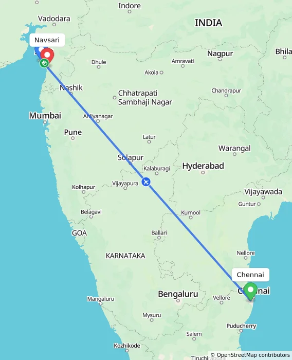 Route map showing distance and travel time from Chennai, India to Navsari, India