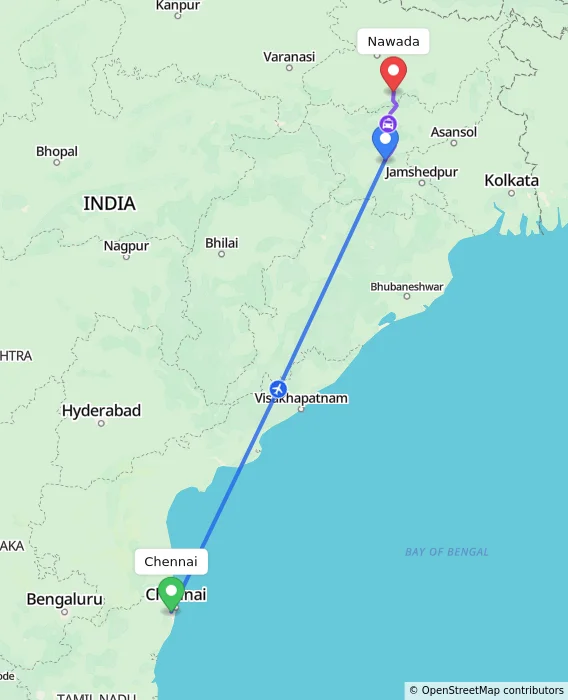 Route map showing distance and travel time from Chennai, India to Nawada, India
