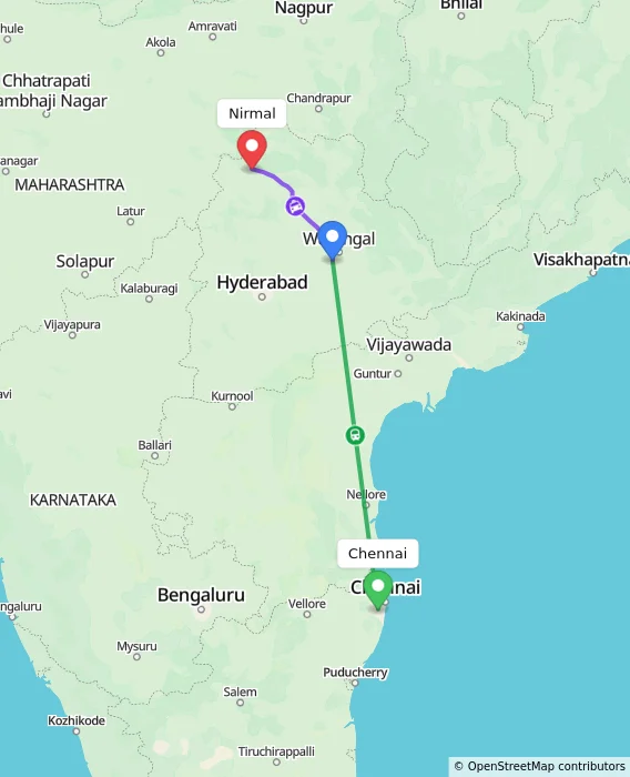 Route map showing distance and travel time from Chennai, India to Nirmal, India